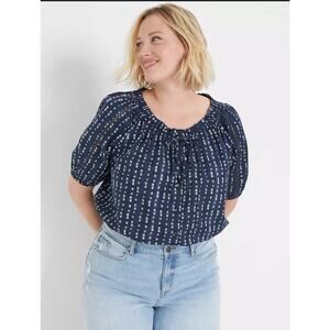 Lane Bryant Crop Button-Down Elastic-Hem Top Size 26/28 Blue Coastal 100% Cotton